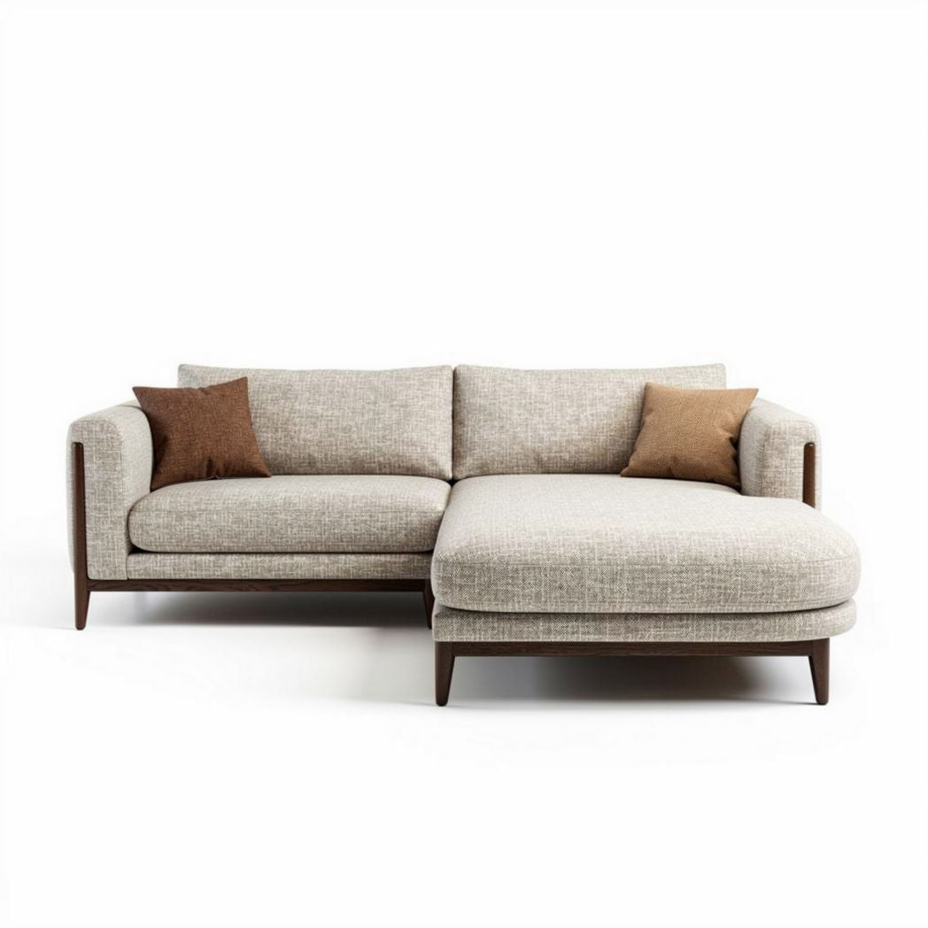 L-vormige bank met stofbekleding en houten poten 220 x 95 x 85cm