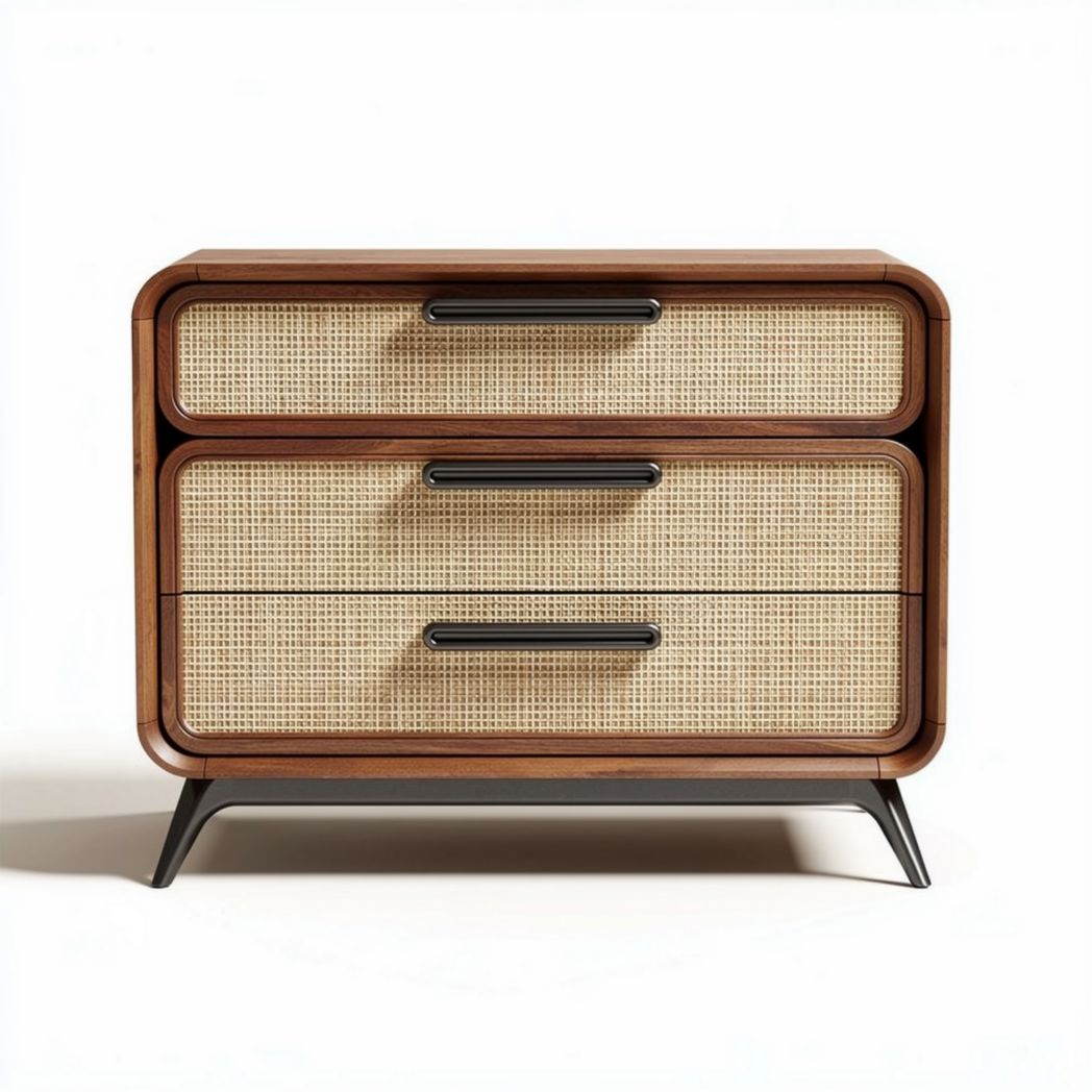 houten nachtkastje met rotan panelen en drie lades 60 x 40 x 45cm