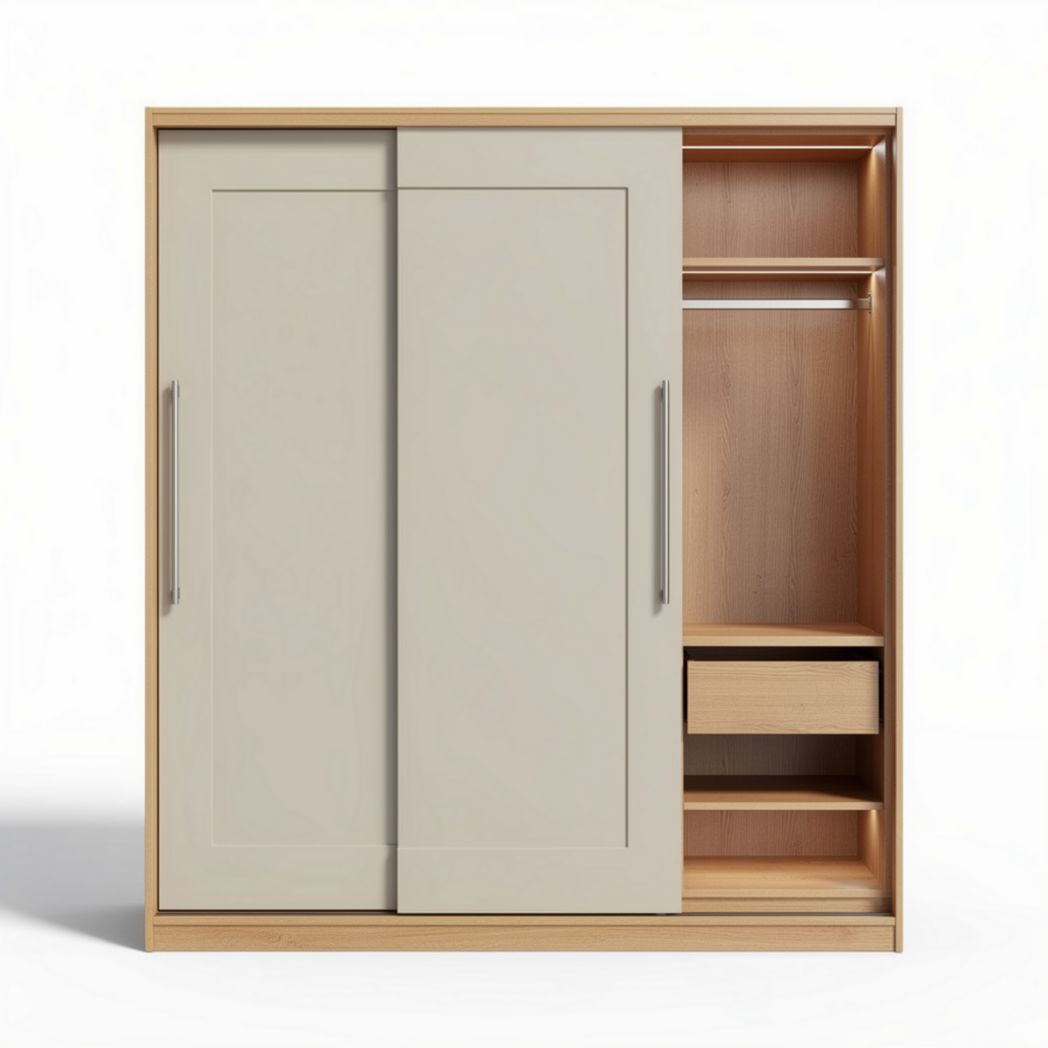 Kast met schuifdeuren van hout en melamine in lichtgrijze kleur 150 x 90 x 200cm