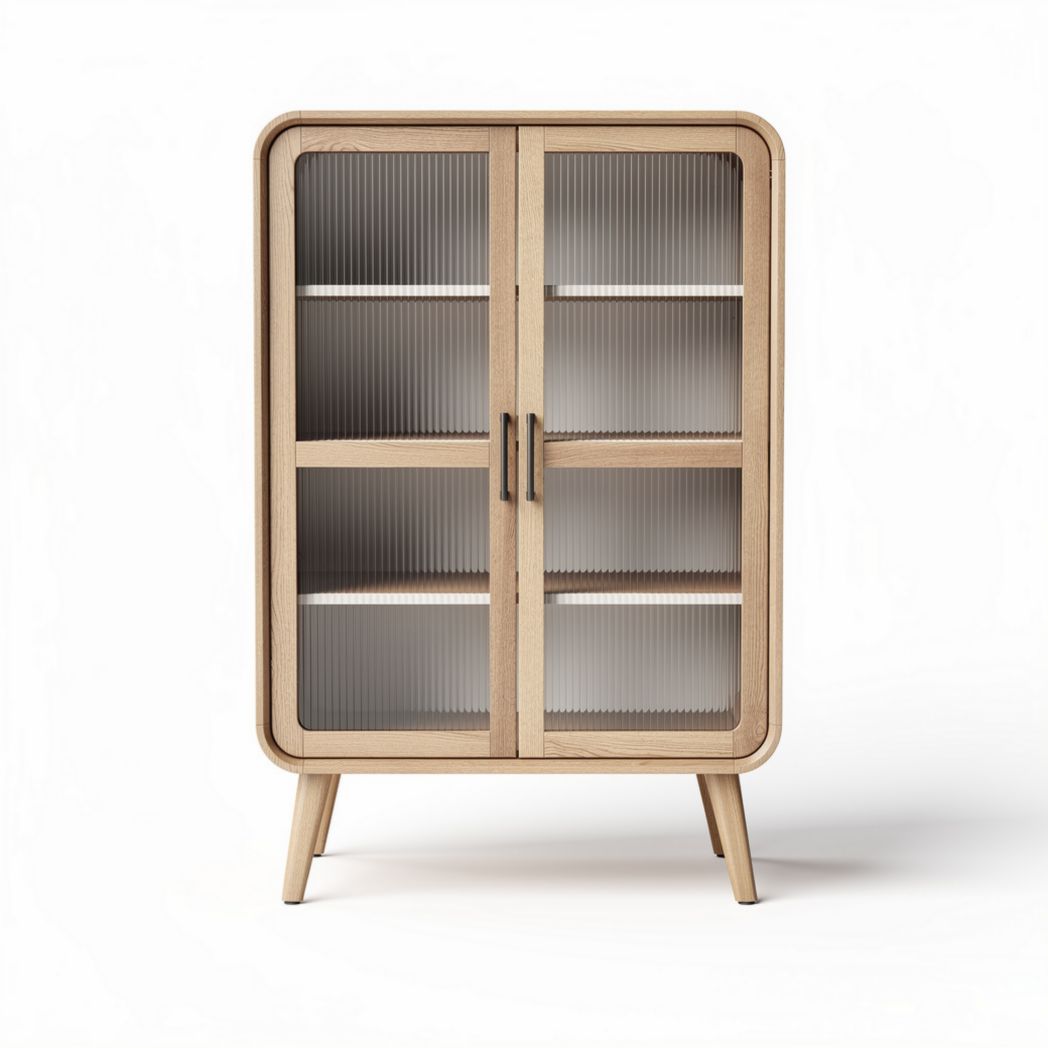 Houten vitrinekast met glazen deuren en ribbelpanelen 70 x 40 x 120cm